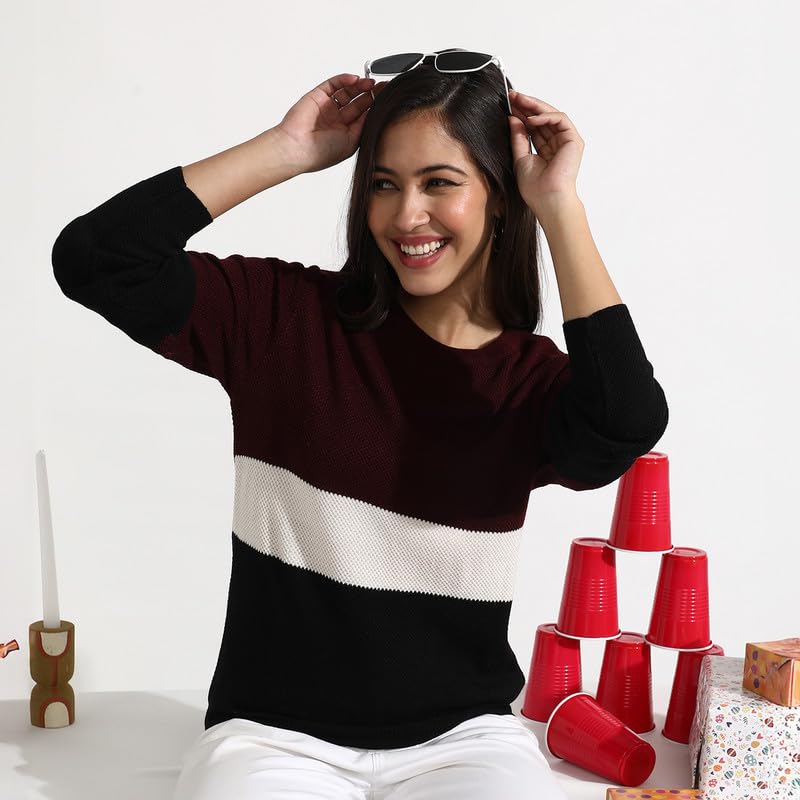 Image of PINACOLADA Women's Geometric-Textured Pullover Sweater for Casual Wear | Crew Neck | Long Sleeves | Pull On Closure | Sweater Crafted with Comfort Fit for Everyday Wear