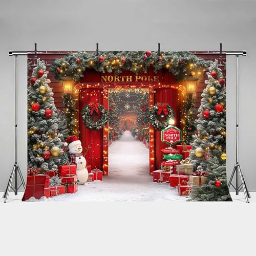 MEHOFOND 8x6ft Christmas Backdrop Winter Forest Wooden Barn Door North Pole Photography Background Snowy Xmas Tree Family Reunion Party Holiday Decoration Banner Photo Studio Props
