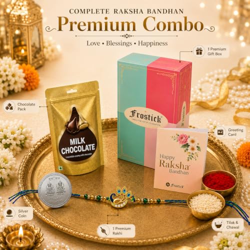Image of Frostick Rakhi and Chocolate Combo for Brother Includes Elegant Peacock Rakhi Set of 1 with Sweet Chocolates Thoughtful Gift Set for Raksha Bandhan Festival
