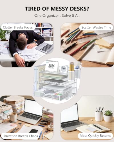 Image of WALI Desk File Organizer, 5 Tier Desktop Paper Letter Tray Organizer with Drawer and 2 Pen Holders, Office Desk Accessories & Workspace Organizers for Office, Home Supplies(DO006DH-W), 1 Pack, White