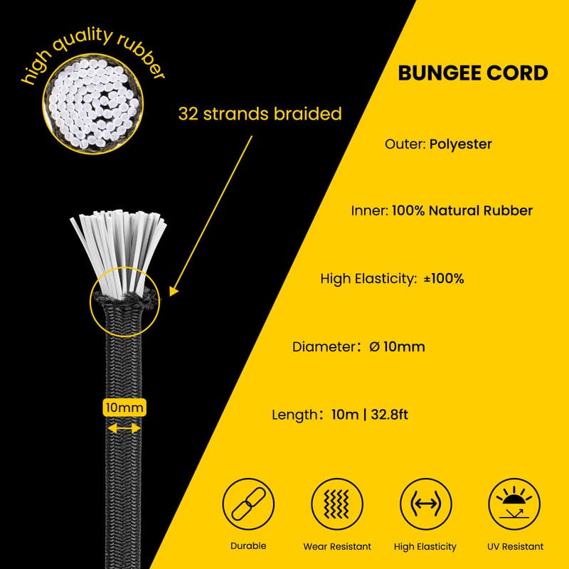 Brotree Bungee Cord Elastic Shock Cord 10mm x 10m Bungee Rope Heavy Duty for Trailer Tarpaulin, Tent Pole, Kayak and Backpack - Black - Image 3