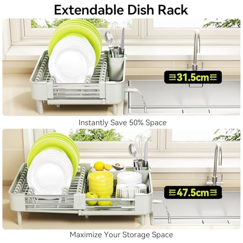 Image of Urackify Extendable Dish Drying Rack, Dual Part Dish Drainers with Non-Scratch and Movable Cutlery Drainer and Drainage Spout, Adjustable Dish Rack for Kitchen, Gray & White