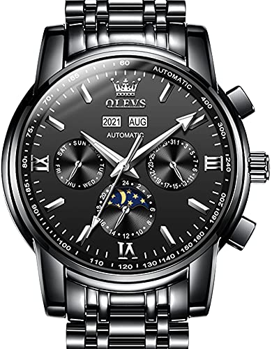 OLEVS Automatic Men Watch Self Winding Mechanical Luxury Dress Stainless Steel Black Face Waterproof Luminous Calendar Wrist Watch