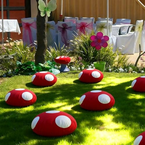 Hahafelt 6 Pcs Cute Mushroom Floor Pillow 13.78 Inch Soft Mushroom Stuffed Throw Pillow 3D Round Red Seating Cushion with Polka Dot Wonderland Theme Party Decor for Home Bedroom Living Room