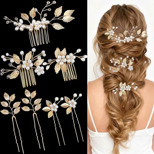 7 Pcs Gold Leaf Bridal Hair Pin Clip Crystal and Pearl Vintage Headpieces Wedding Hair Jewelry for Brides Bridesmaids and Flower Girls(Gold Leaf)