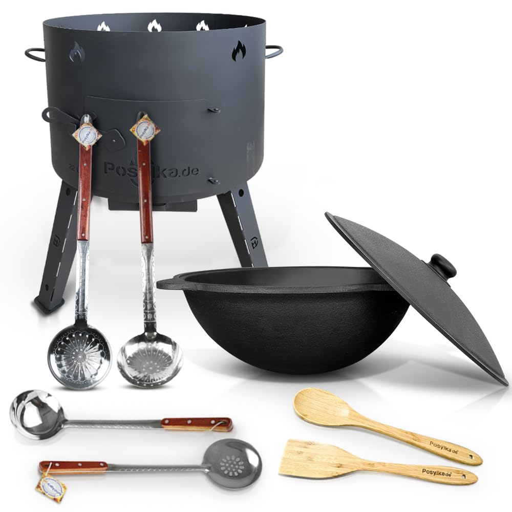 Utschak Feuerofen mit Gusseisen Topf runder Boden mit Deckel 22 L Kazan Outdoor Camping Set
