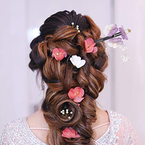 Pixnor Vintage Flower Hair Stick, Flor Design Madeira feito à mão Chopstick de cabelo com franja est