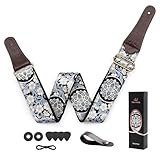 WELAIYOOUQ Guitar Strap, Electric& Acoustic bass guitar straps,embroidered filament with Head Cowhide Leather strap, with Free Strap Button,2 guitar Strap Locks，4Guitar Pick (Blue floral print)