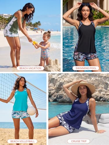 Image of Summer Mae Blouson Tankini Swimsuits for Women 2026 Tummy Control Two Piece Bathing Suits with Sporty Pockets Swim Shorts