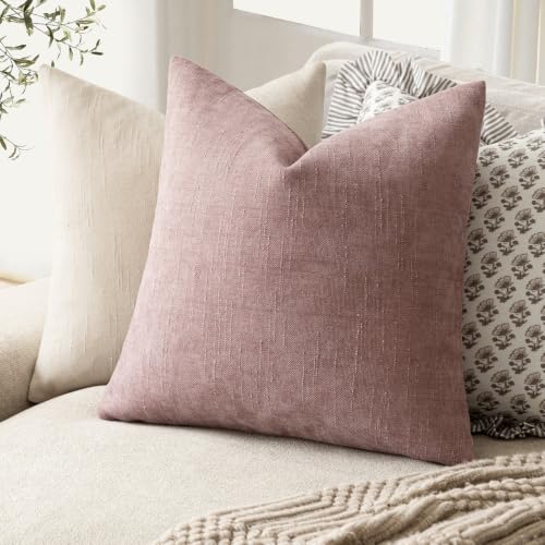 Image of Foindtower Pack of 2 Soft Textured Chenille Throw Decorative Pillow Covers Square Accent Solid Cushion Cover Cozy Neutral Farmhouse Pillow Case for Couch Sofa Bedroom Living Room 20x20 Inch,Dusty Rose