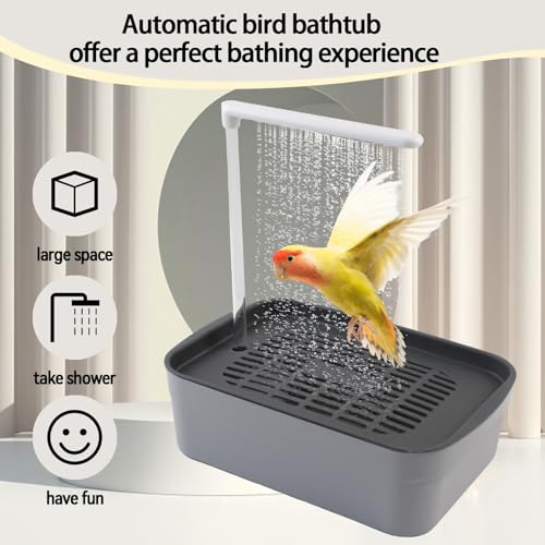 Image of PINVNBY Automatic Bird Bath Shower for Cage,Parrot Bath Box with Pump,Parakeet Bathtub Electric Fountain Circulating Water Contains USB Power Plug for Cockatiel Lovebird Conure Budgie(Gray)
