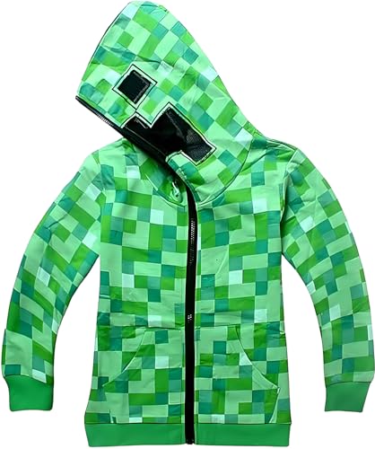 Rolpants Sudadera con capucha para niños con cremallera en la cara Mine-Crafter Fans - Sudadera clásica con capucha de malla con ojos de píxeles para niños de 5 a 12 años, verde, 150-160