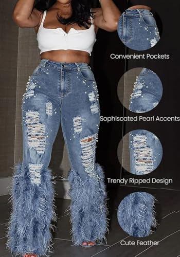 Unybwonn Women Ripped Pearl Bell Bottom Jeans Feather Fluffy Straight Leg Stretch Distressed Flared Denim Pants4