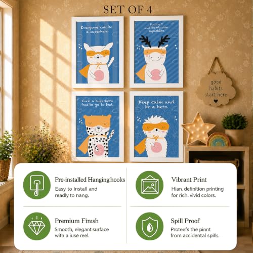 Image of PAINTINGMANTRA Animal Superheroes Colourful Nursery Wall Art Painting for Kids Room Decoration, Cartoon Painting For Home Decor Wall Hanging Decorative gifts, Set of 4, 9x13 Inch
