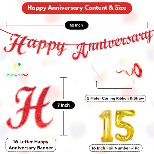 Image of Flyloons 15th Happy Anniversary Banner Red Decorations Kit for Men Women Wedding Anniversary Banner Items without Balloons