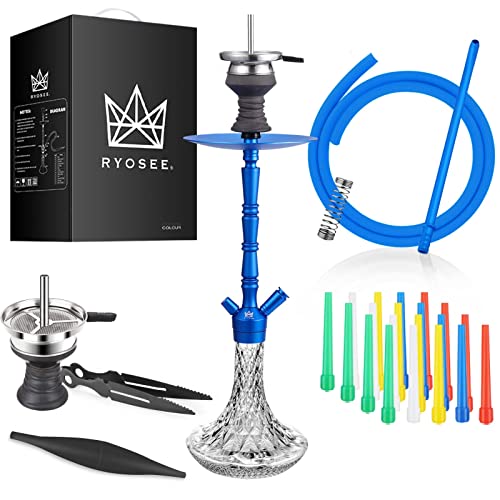 Ryosee® 72cm komplettes Shisha-Kit mit allem Rauchzubehör, 1 Schlauch-Shisha-Rauchzubehör, Rauchrohr aus Aluminium, Adapter, Huka Tong,shisha steine Shisha Ice Mouthpiece (Blau) Cover