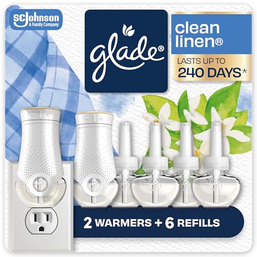 Glade PlugIns Air Freshener Starter Kit, Scented and Essential Oils for Home and Bathroom, Clean Linen, 4.02 Fl Oz, 2 Warmers and 6 Refills
