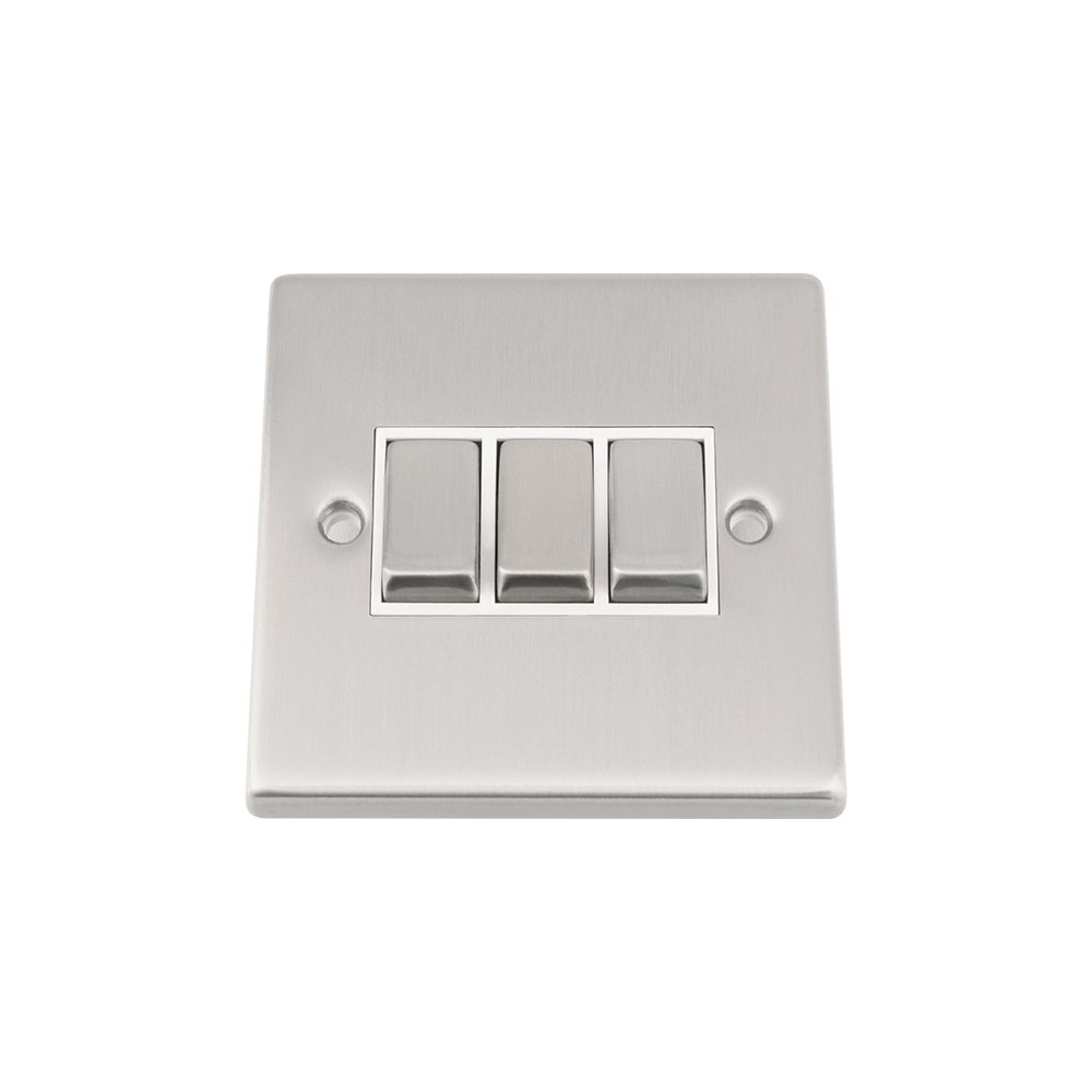 Light Switch Triple 3 Gang - Satin Matt Chrome Square - White Insert - Metal Rocker Switch - 10 Amp 3 Gang 2 Way