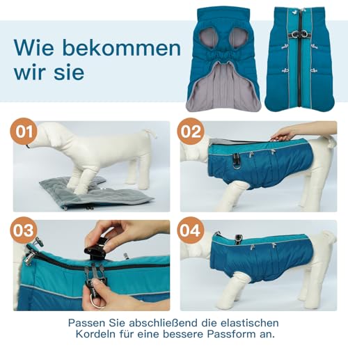 Katzinst Hunde Wintermantel Wasserbeständig, Verstellbarer Halsausschnitt, Hundemantel mit Geschirr und Durch Verstellbare Gummizüge, Hundebekleidung für Mittlere Hunde, Cocker Spaniel, Grün, M