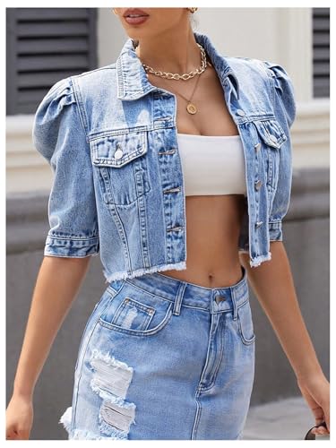 WDIRARA Women's Button Down Puff Sleeve Crop Denim Jacket Short Sleeve Raw Hem Jean Coat4