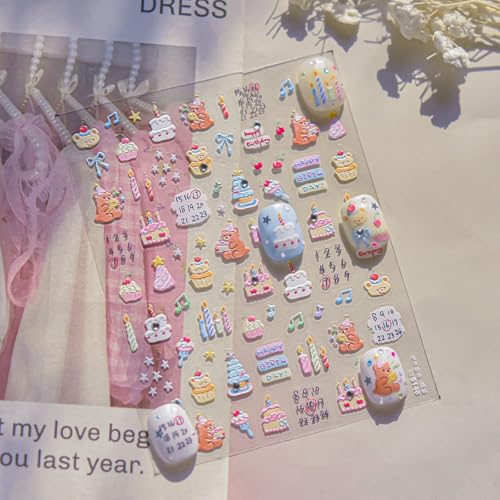 Image of Birthday Nail Stickers Cake Nail Art Decals Candle Star Bear Bow Nail Art Sticks 5D Embossed Self Adhesive with Design for Women Girls Kid Happy Birthday Manicure DIY Charms Decoration