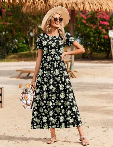 Image of Zeagoo Summer Dresses for Women 2026 Maxi Bohemian Floral Short Sleeve Long Dress Casual Flowy Tired Beach Sundress