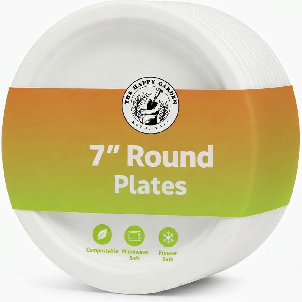 The Happy Garden Bagasse Plates, 7 Inch Round (Pack of 50) - Heavy Duty Disposable Plate, Eco Friendly Sugarcane Dishes, Compostable Party Plates, Microwave & Freezer Safe