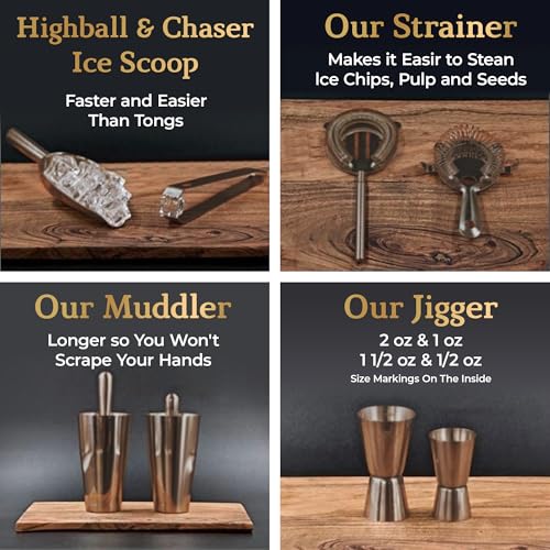 Image of Highball & Chaser 13-Piece Cobbler Cocktail Shaker Set: Black Polished Stainless Steel Bartender Kit for Home Bar Set | Laser Engraved Tools Plus E-Book with 30 Recipes (Antique Copper)