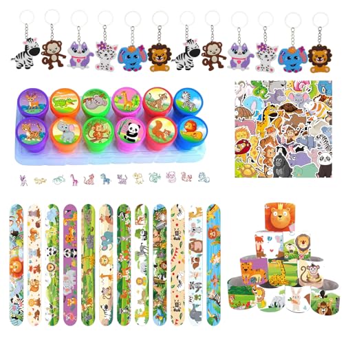 Yhjxly Juego de 76 piezas de regalos para fiestas de animales en la selva, accesorios para fiestas de cumpleaños infantiles, incluye llaveros, pulseras, sellos de sello, pegatinas, para cumpleaños