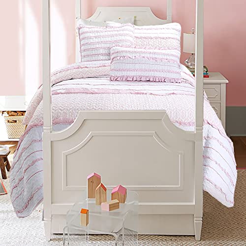 Cozy Line Home Fashions Pink Girly Ruffle Butterfly Reversible 100% Cotton Soft Quilt Bedding Set for Kids, Girls, Coverlet, Bedspreads(Twin-2 Piece: 1 Quilt + 1 Standard Sham)