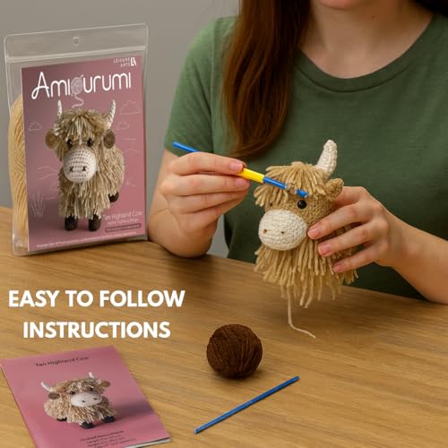 Image of LEISURE ARTS Crochet Kit Amigurumi Highland Cow, Tan, Beginner for Adults, Animal Kit, Crotchet