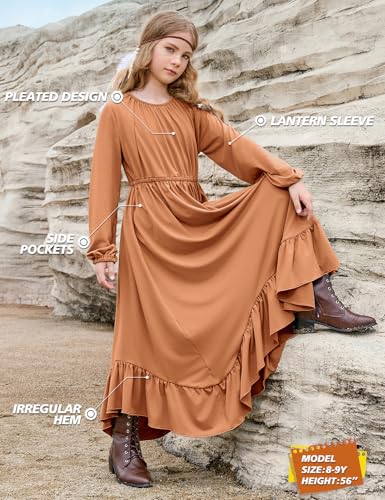 Jxstar Girls Boho Dress Casual Long Sleeve Maxi Dresses Crew Neck Ruffle Flowy Swing Long Dress with Pockets4