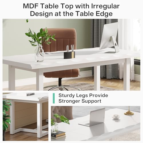 Image of Tribesigns 63 Inches Computer Desk, Rectangular Writing Table with Solid Wood Legs and Thickened Desktop for Work Study, Modern Simple Executive Desk Workstation for Home Office (White)