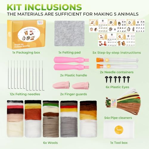 Image of MOREJMTT Needle Felting Kit, 5 PCS Animal Needle Felting Beginner Kits, Wool Felt Needle Felting Tools Foam Pad, Craft Party Supplies for Beginners Adult(Forest Animals)
