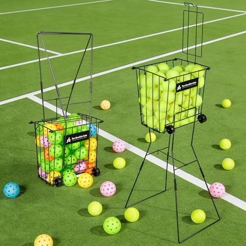 TurboStride Tennis Ball Hopper Portable Pickleball Ball Holder with Locking Legs Holds 75 Tennis Balls or 50 Pickleballs Sturdy Steel for Tennis Training and Teaching