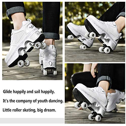 Image of Automatic Shoes Double-Row Deform Wheel Skate for Walking and Skating Invisible Deformation Roller Parkour Retractable Children's Shoes That Turn Into Rollerskates (37, White)