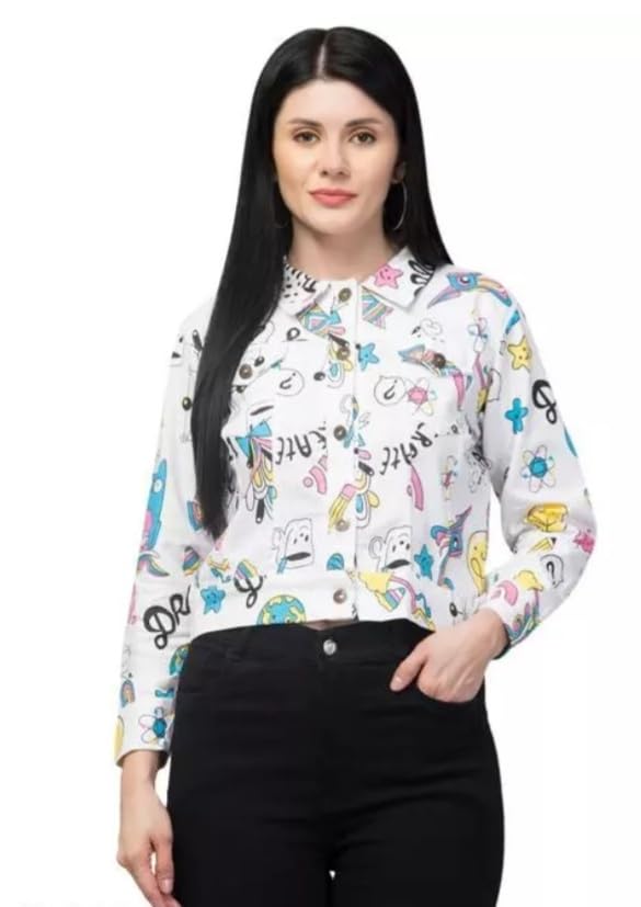 Women's Casual Button-Down Cropped Jacket with Print Pattern, White Denim, Long Sleeve, Regular Fit, Spring Wear, Hip Length-picture-41