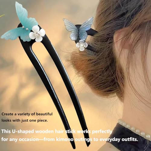 Image of Melodio Elegant Blue Butterfly U-Shaped Wooden Hair Stick - Floral Butterfly Hairpin Inspired by Traditional Style, Lightweight & Stylish Updo Accessory for Women