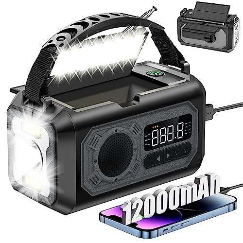 12000mAh 緊急気象ラジオ 手回しラジオ ポータブルAM/FM/NOAAラジオ ソーラーパネル2枚付き 3つの充電方法 SOSアラーム 3モード 懐中電灯 携帯電話充電器 コンパス 読書灯 (グレー)