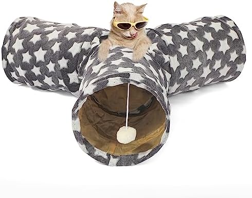 LUCKITTY Cat Tunnel Toy- 3 Way-Shaped, Gray Star Pattern, Soft Ve...