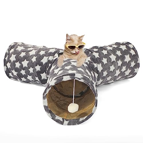 Image of Cat Tunnel Toy- 3 Way-Shaped, Gray Star Pattern, Soft Velvet Exterior, Oxford Fabric Fog-Proof Interior, Plush Toy Ball, Easily Washable, Conveniently Foldable