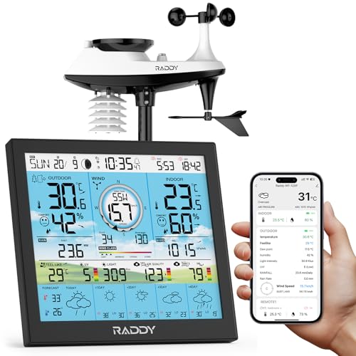 Raddy WF-120P Stazione meteorologica Wi-Fi professionale, 10″ display colori HTN, temp. e umidità int./est., indice UV e luce, PM2.5, previsione 5 giorni, sensore esterno 7-in-1 per aziende agricole
