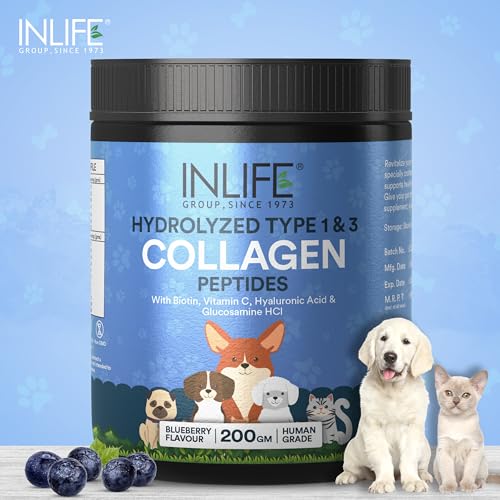 Image of INLIFE Collagen for Dogs & Cats | Hydrolysed Collagen Powder | Clinically Proven Ingredient with Biotin, Vitamin C, Hyaluronic Acid & Glucosamine | Pet Supplement (Blueberry)