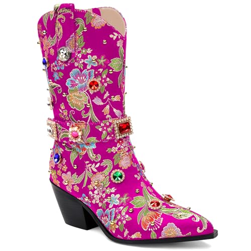 Image of LOCERICH Women Rhinestone Cowboy Sparkly Cowgirl Boots Diamond Western Floral Embroidery Mid Calf Booties