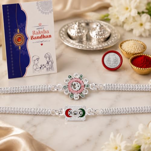 Image of Oblivion Peacock Pooja Thali with Rakhi Set for Brother - Rakhis for Brother Set of 2, Om Floral Design with Silver Colour Pooja Coin & Greeting Card - Raksha Bandhan Gift Combo