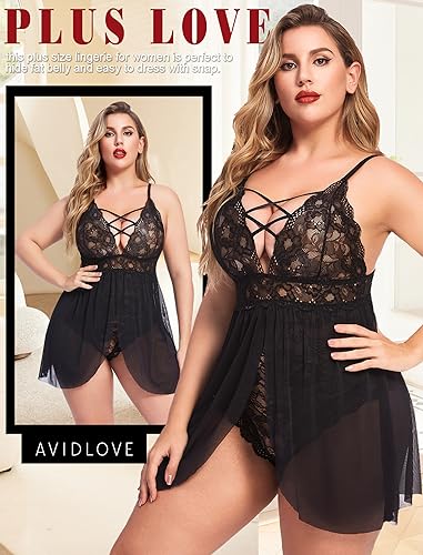 Image of Avidlove Plus Size Babydoll Womens Snap Crotch Lingerie V Neck Lace Nighty Sleepwear L-5XL