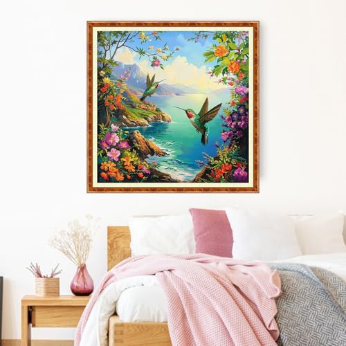 Image of Joyhoor Stamped Cross Stitch Kits for Beginners Needlepoint Kits for Adults Embroidery Kits 11CT Counted Cross Stitch Kits Printed Embroidery Pattern- Seaside Bird Scenery 18x18 inch