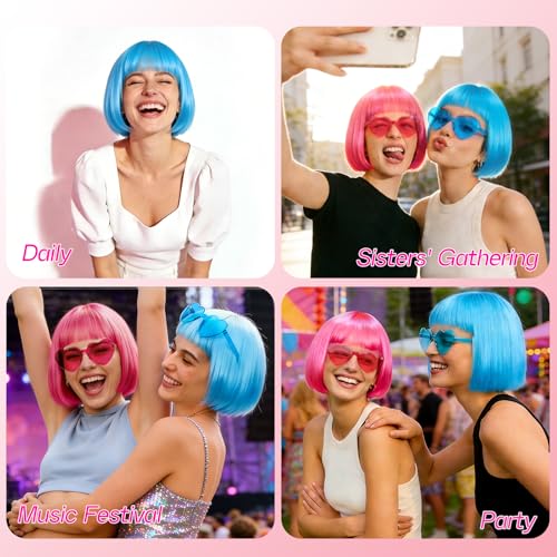 Image of DAJOOEE 2 Pack Party Wigs Wig Cap and Sunglass Set,Short Bob Hair Wigs Straight with Flat Bangs Synthetic Colorful Cosplay Daily Party Neon Wig for Women (Pink Blue)