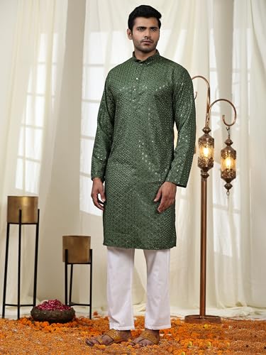 Image of Pro-Ethic Style Developer Men Silk Striped Father Son Matching Ethnic Wear Embroidery Mirror Work Kurta Pyjama Set |(Combo)B-117