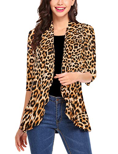Zeagoo Women's 3/4 Sleeve Cropped Cardigans Sweaters Jackets Open Front Short Shrugs for Dresses Leopard Print L